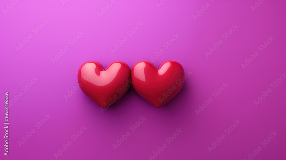  two red hearts sitting on top of a purple surface with a pink background.  generative ai