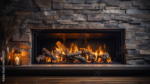 Close-up of a fireplace with a fire burning in it