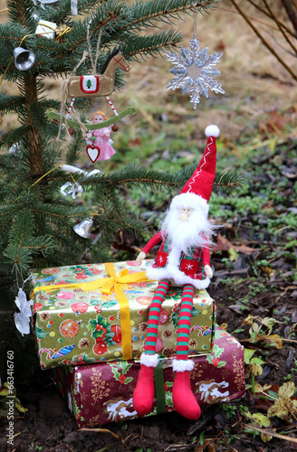 photo of a toy gnome sitting on gifts near a live decorated Christmas tree outdoors in the yard, close-up