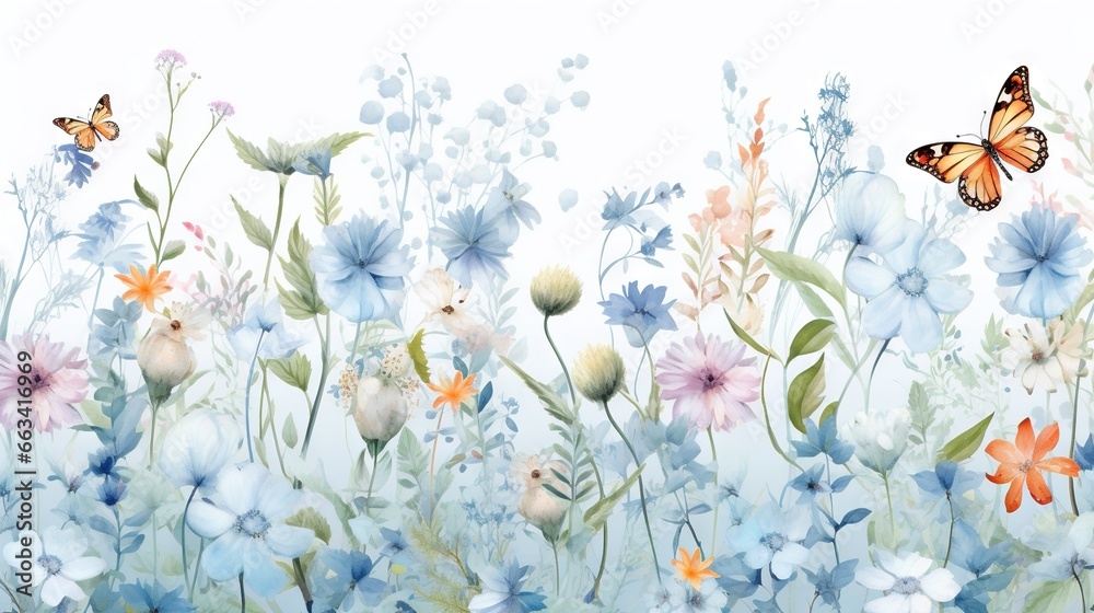  a painting of a field of flowers with a butterfly flying over it and another butterfly in the background with a white sky in the background.  generative ai