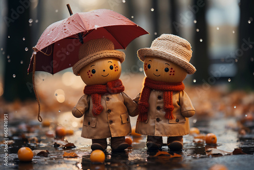 Pair of sweet and funny snowmen toy with umbrella and snow falling, Christmas winter theme