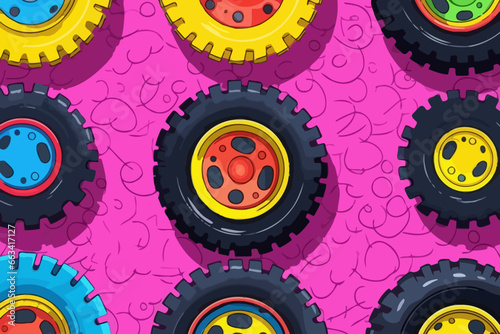 Heavy equipment tires quirky doodle pattern, wallpaper, background, cartoon, vector, whimsical Illustration