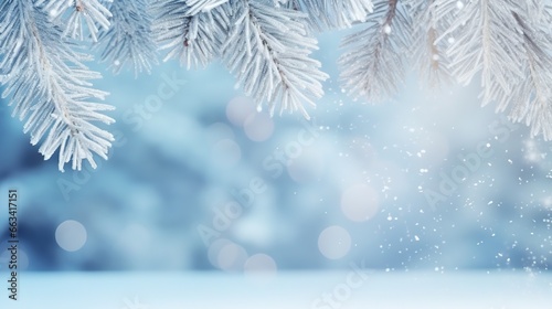  a close up of a snow covered branch with blurry lights in the background and snow flakes on the branches of the tree in the foreground.  generative ai © Nadia