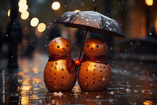 Pair of sweet and funny snowmen toy with umbrella and snow falling, Christmas winter theme