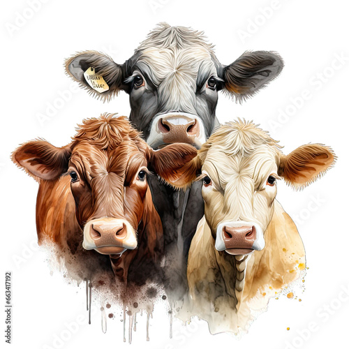Three Cute Simmental Cow Watercolor Png Graphic