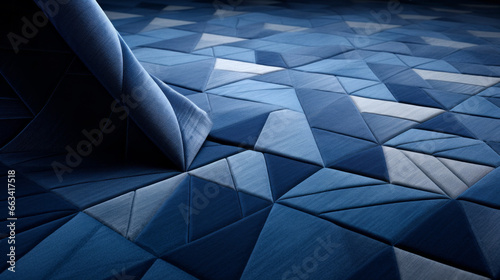 A blue, textured rug, with a geometric pattern of triangles and squares  photo