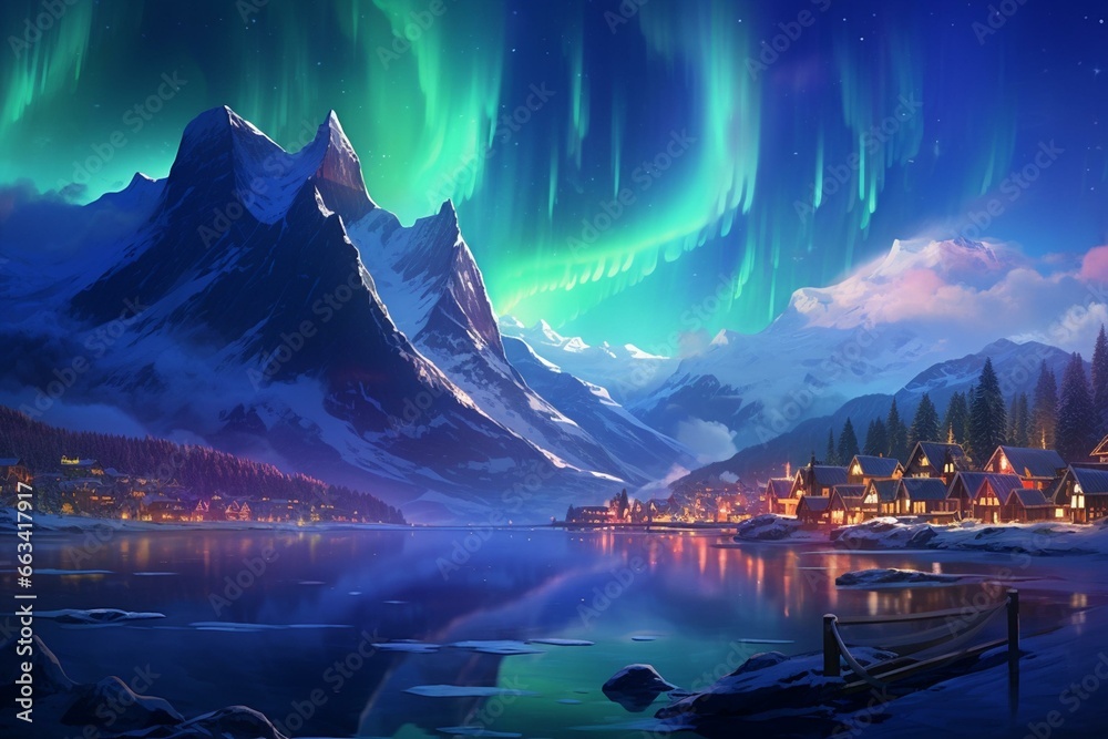 Illustration of aurora borealis above sea, snowy mountains, and cityscape. Generative AI