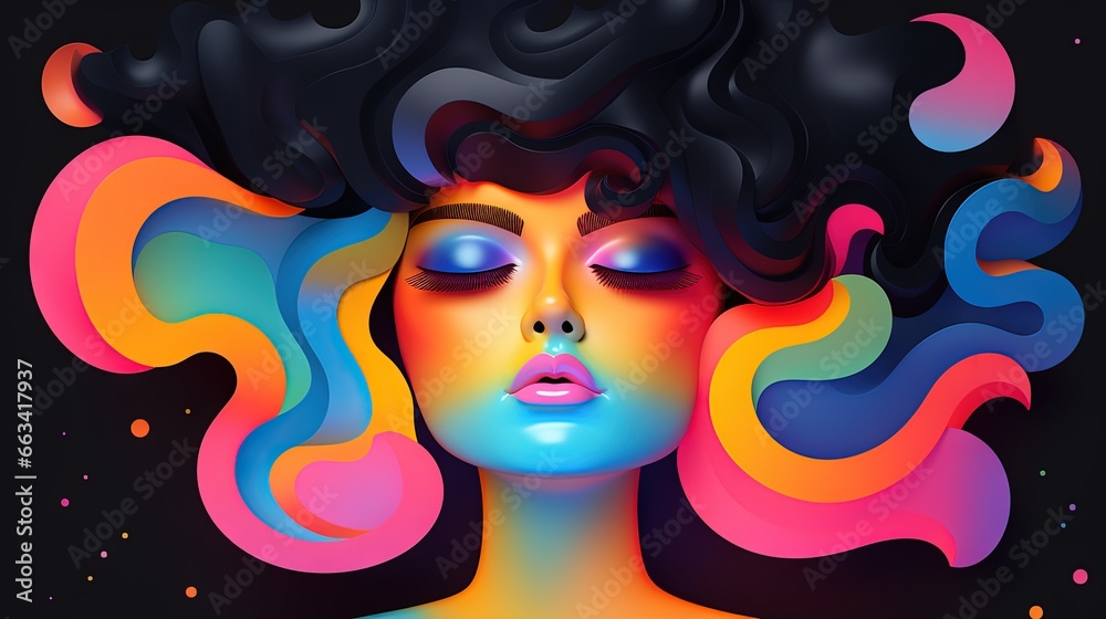  a woman's face with colorful hair and makeup on a black background with a splash of paint on her face and the image of a woman's face.  generative ai