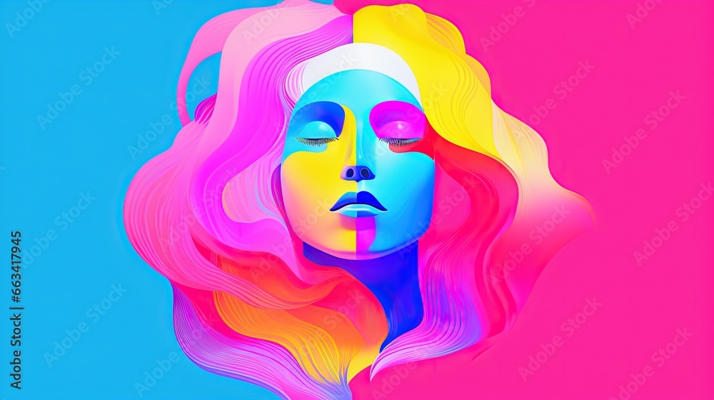  a woman's face with bright hair and pink and yellow colors on a blue background with a pink and yellow background and a pink background.  generative ai
