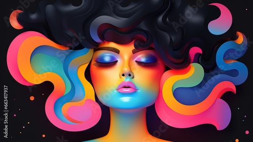  a woman's face with colorful hair and makeup on a black background with a splash of paint on her face and the image of a woman's face. generative ai