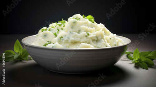 A bowl of creamy mashed potatoes, topped with a sprinkling of chives and a pat of butter