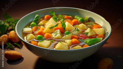 A bowl of freshly made vegetable soup, with chunks of potatoes, carrots, and celery in a savory broth