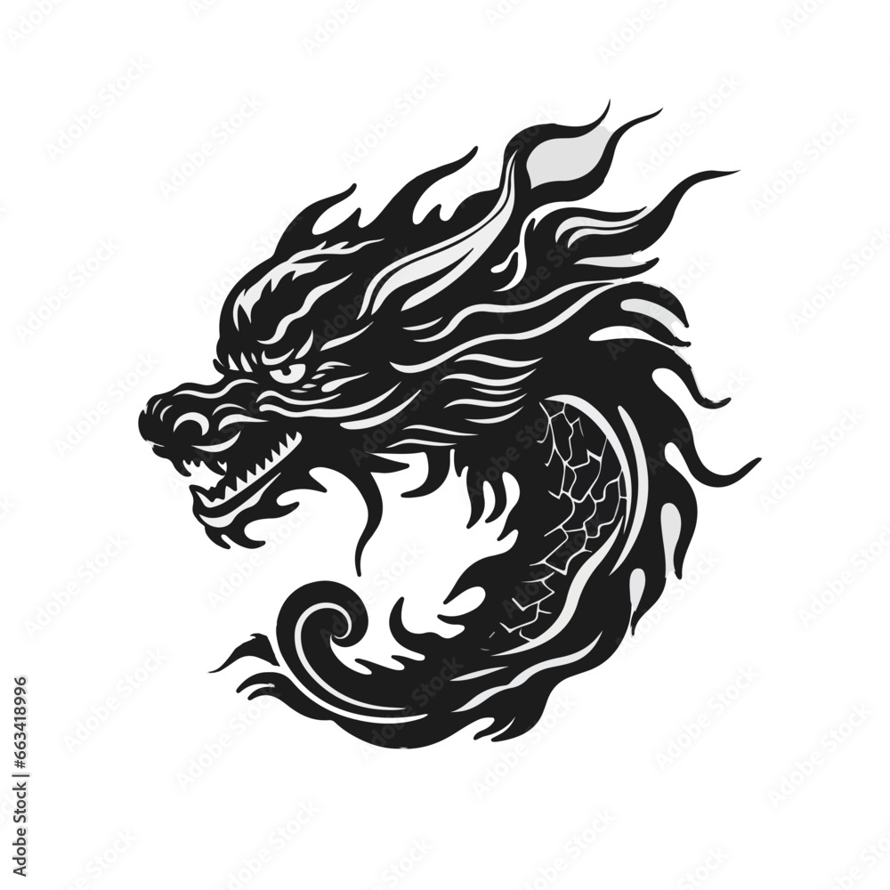 vector a dragon head in black and white