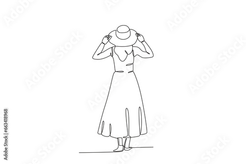 Back view of a woman wearing a dress and a hat. Staycation one-line drawing