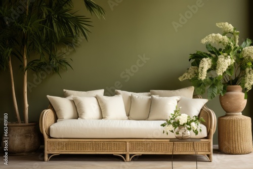 Cozy southern mediterranean interior design of a small living-room: green wall, beige colored couch with rattan details and off-white pillows, wooden cabinets, many white flowers decorating the space © Romana