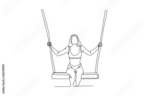 A woman playing on a swing. Staycation one-line drawing