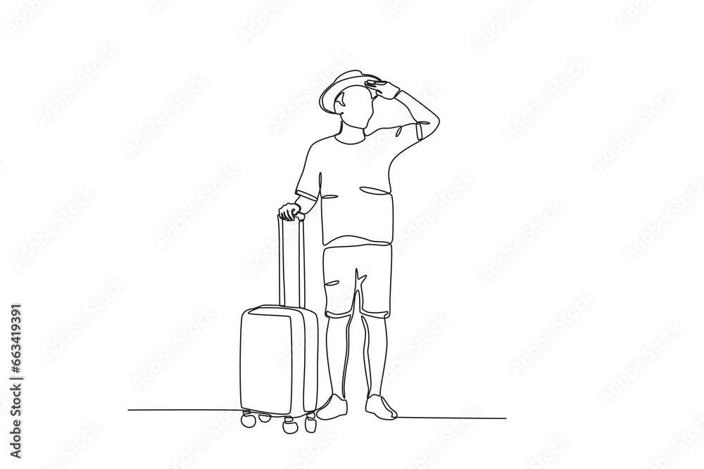 A man on summer vacation wears a hat and carries a suitcase. Staycation one-line drawing A man on summer vacation wears a hat and carries a suitcase. Staycation one-line drawing