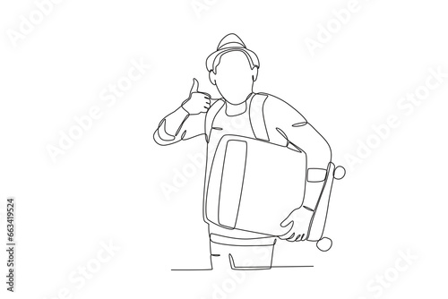 A man holds his suitcase while giving a thumbs-up. Staycation one-line drawing