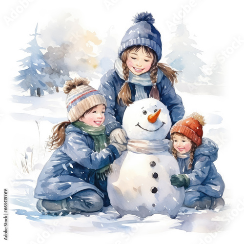 An illustrated watercolor image of three children joyfully building a snowman in a snowy landscape, all dressed in winter clothing
