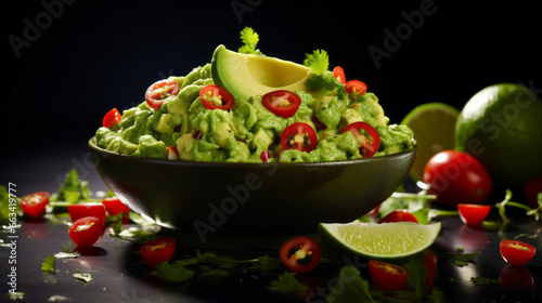 A bowl of freshly-made guacamole, with chunks of ripe avocado, diced tomatoes, and a sprinkle of cilantro