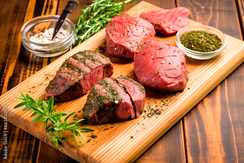 Shot of high view of herb rubbed steaks on wooden Shot of high view of herb rubbed steaks on wooden