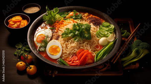 A bowl of freshly-made ramen, with a variety of vegetables and herbs, and a sprinkle of freshly chopped scallions