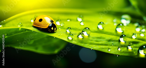 Closeup ladybug,lady beetle with water dew drops on greenery leaves plant.organic or ecology concepts backgrounds.clean and pure nature idea © Limitless Visions
