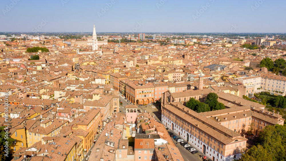 Aerial view on the historic center of Modena, Italy. The Ghirlandina tower and the Duomo, the main church of the city, are in center of the Old Town.