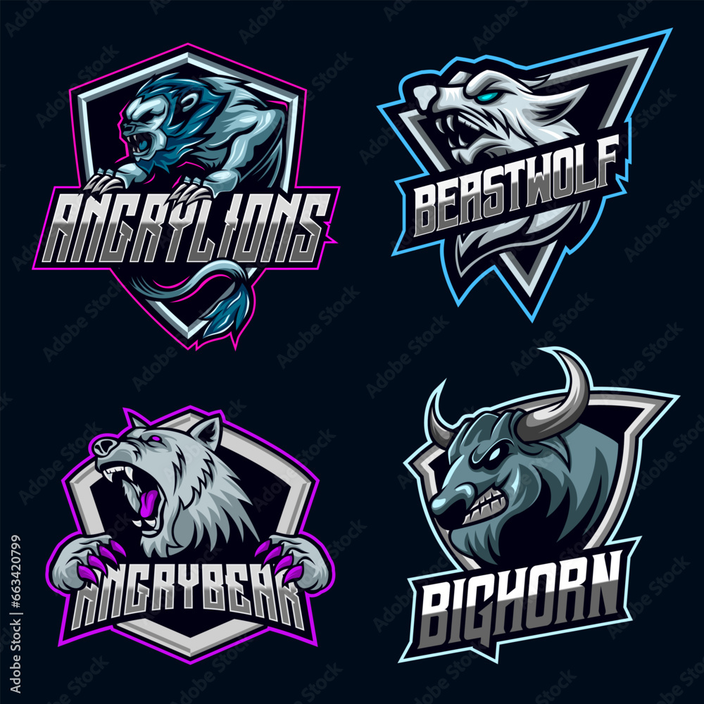 Lion Wolf Bear Bison Character set Logo E-sport Mascot Design Bundle Set icon collection vector illustration gaming team Lion Wolf Bear Bison Character set Logo E-sport Mascot Design Bundle Set icon collection vector illustration gaming team