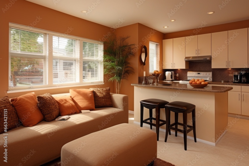 Cozy modern colorful orange interior design of a kitchen and living-room apartment with bright warm colors and fluffy textiles, natural earthy tones, warm autumn vibe