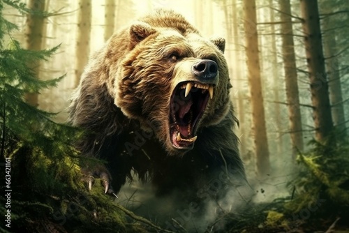 Wild bear roars in forest. Generative AI