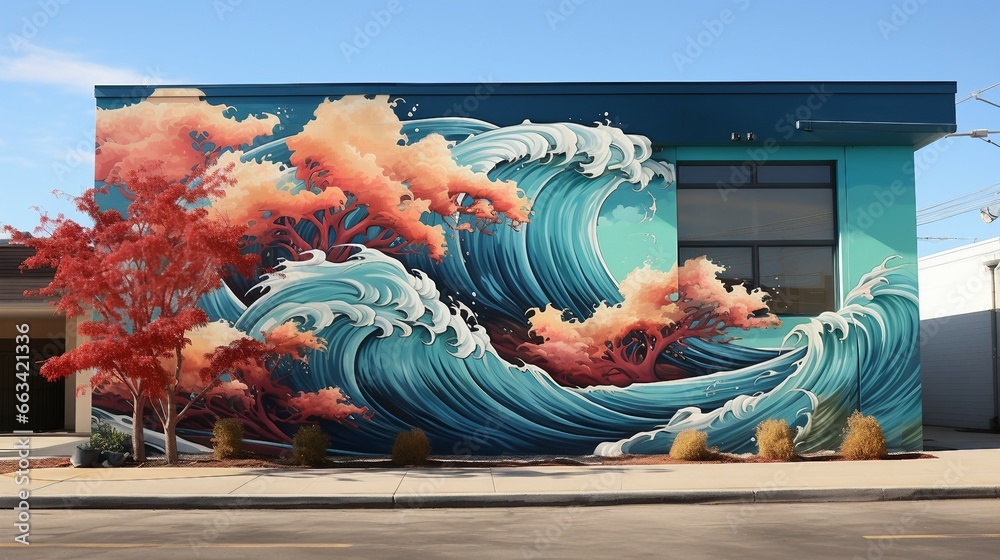 Naklejka premium Ocean Waves Graffiti on Wall