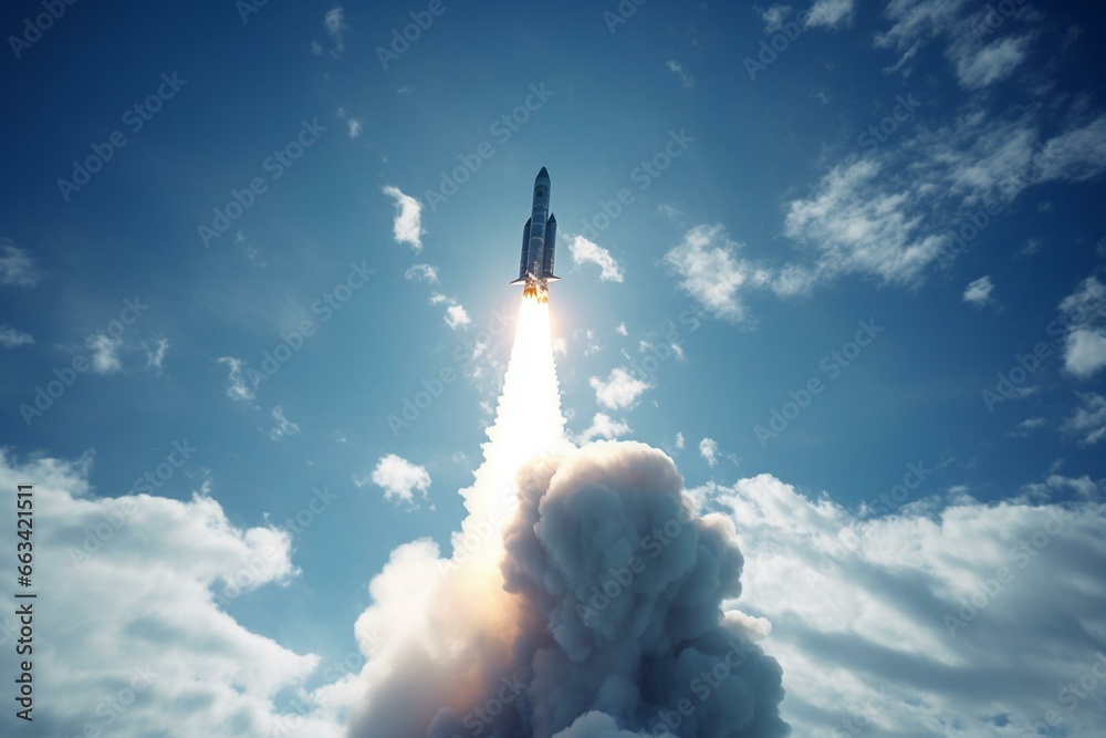 Futuristic rocket soars through vibrant smoke amidst a blue sky. Generative AI