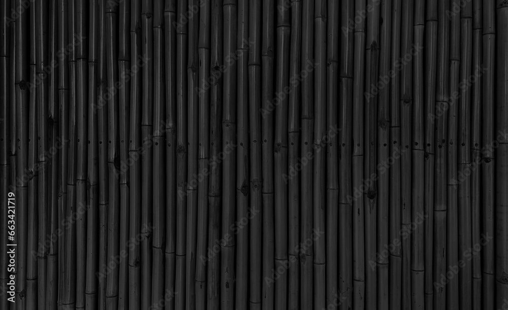 architectural dark black bamboo wall for japanese mood decoration, interior or exterior design. black bamboo plank fence texture used as background with blank space for design. - obrazy, fototapety, plakaty 