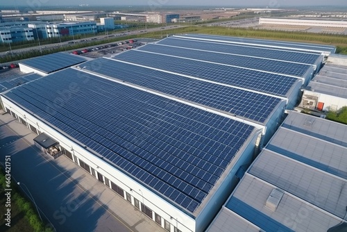 Above view of solar panels on retail center roof. Power plant utilizing clean, renewable energy. Ecological technology for industrial electric power. Generative AI photo