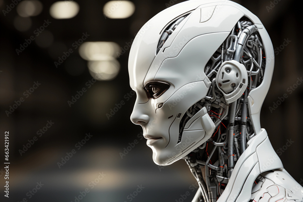 Humanoid robot close-up on head, profile view Humanoid robot close-up on head, profile view