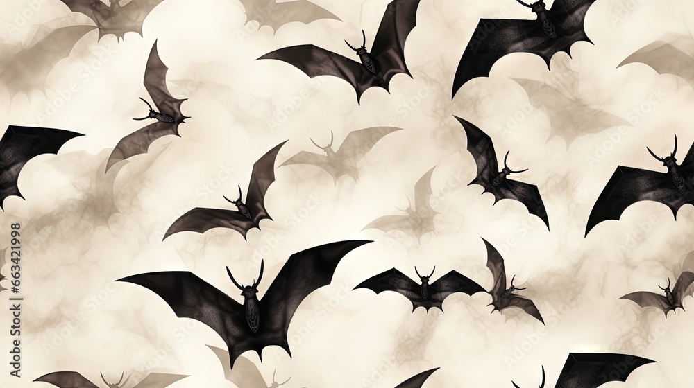 a group of bats flying through the sky with white clouds in the