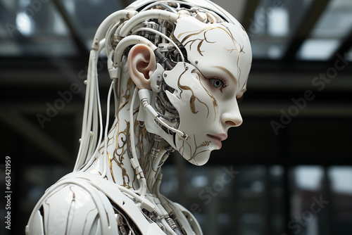 Humanoid robot close-up on head, profile view