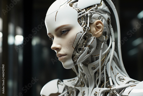Humanoid robot close-up on head, profile view