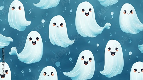  a group of white ghostes floating in the air with eyes and mouths, with bubbles and bubbles around them, all smiling and laughing.  generative ai photo