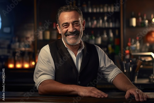 A cheerful bearded mature Caucasian bartender. He looking at camera and smiling as he stands behind the counter of his establishment. Photo format 3:2.
