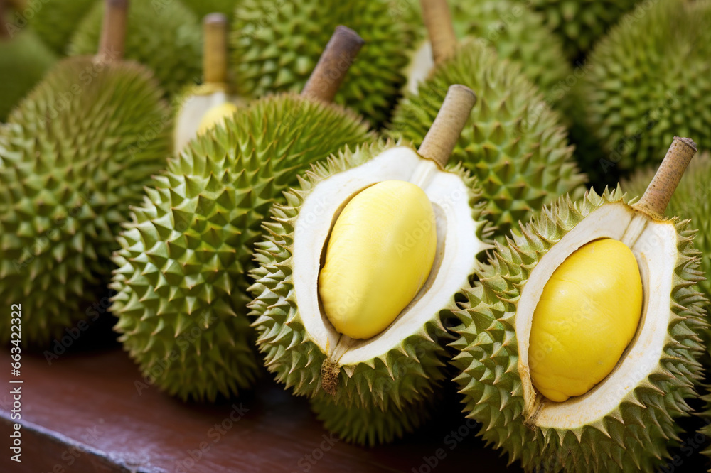 Durian Delight A Colorful Array of Fresh Durians in a Vibrant Durian Market Setting. created with Generative AI Durian Delight A Colorful Array of Fresh Durians in a Vibrant Durian Market Setting. created with Generative AI