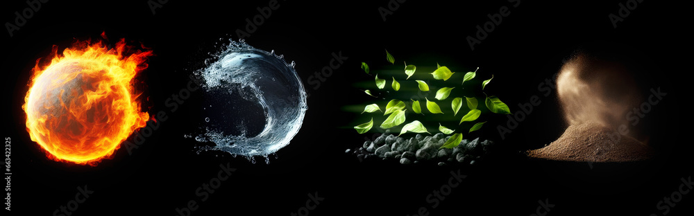 Earth, water, air, fire. Four elements of nature. 4 elements. Isolated black background. fantasy collection of the elements.  - obrazy, fototapety, plakaty 