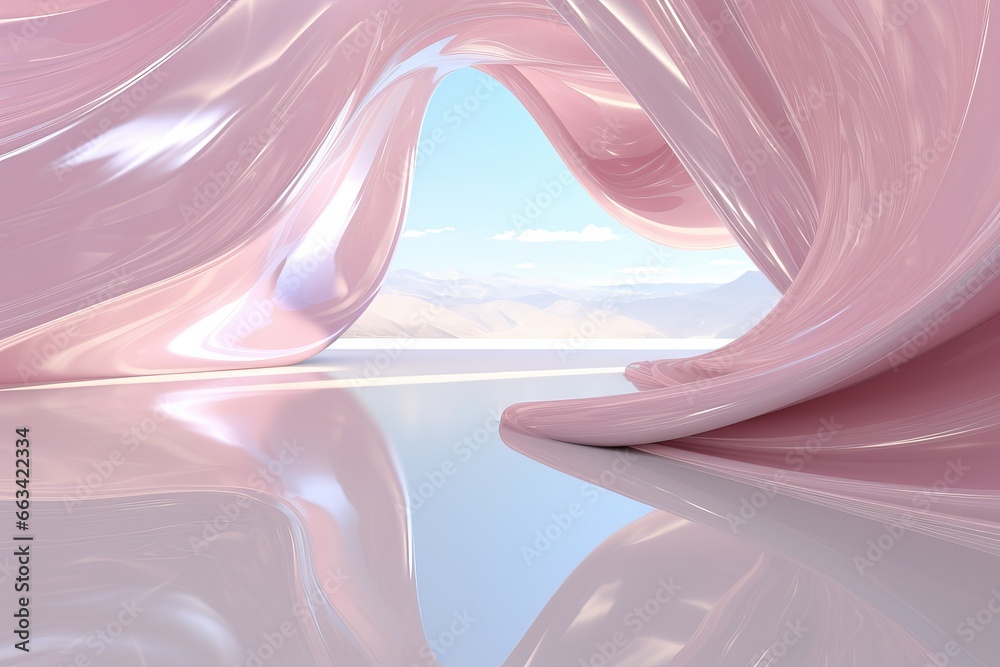 Futuristic Luminous Chamber with Abstract Pink and Silver Light Waves on a White Backdrop