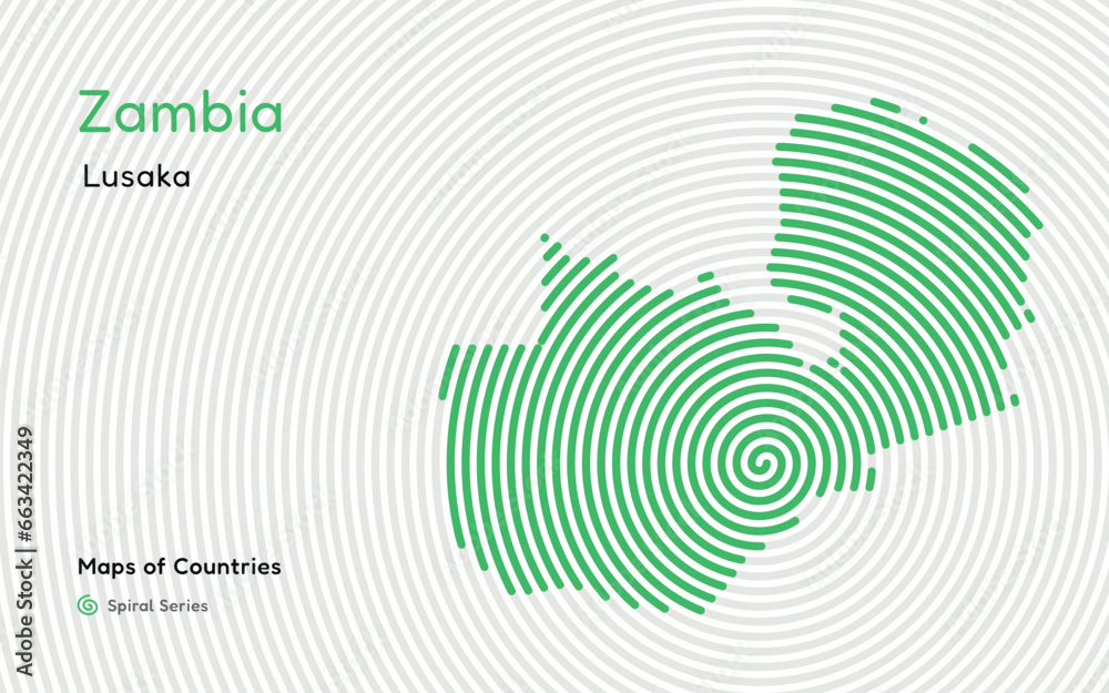 Abstract map of Zambia with circle lines. identifying its capital city, Lusaka African set. Spiral fingerprint series Abstract map of Zambia with circle lines. identifying its capital city, Lusaka African set. Spiral fingerprint series