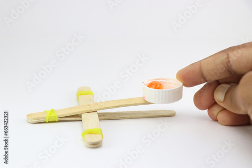 Fotografie Popsicle stick model of a catapult made using recycled materials