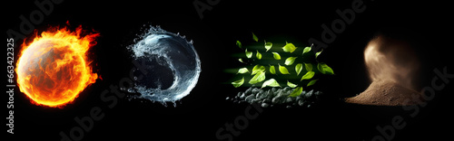 Earth, water, air, fire. Four elements of nature. 4 elements. Isolated black background. fantasy collection of the elements. 