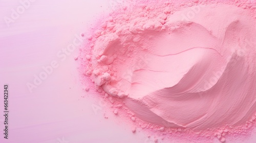  a powdered pink substance on a light pink background with space for writing or writing on the top of the image is a small amount of powdered pink.  generative ai