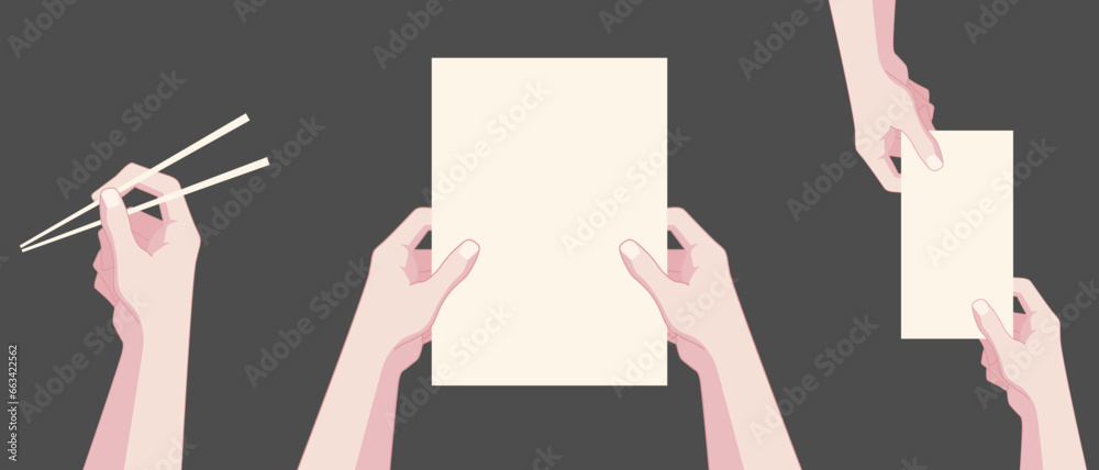 hands holding paper mock up, paper, receipt, sheet, document, announce, postcard, placard, chopsticks, flat style, vector illustration