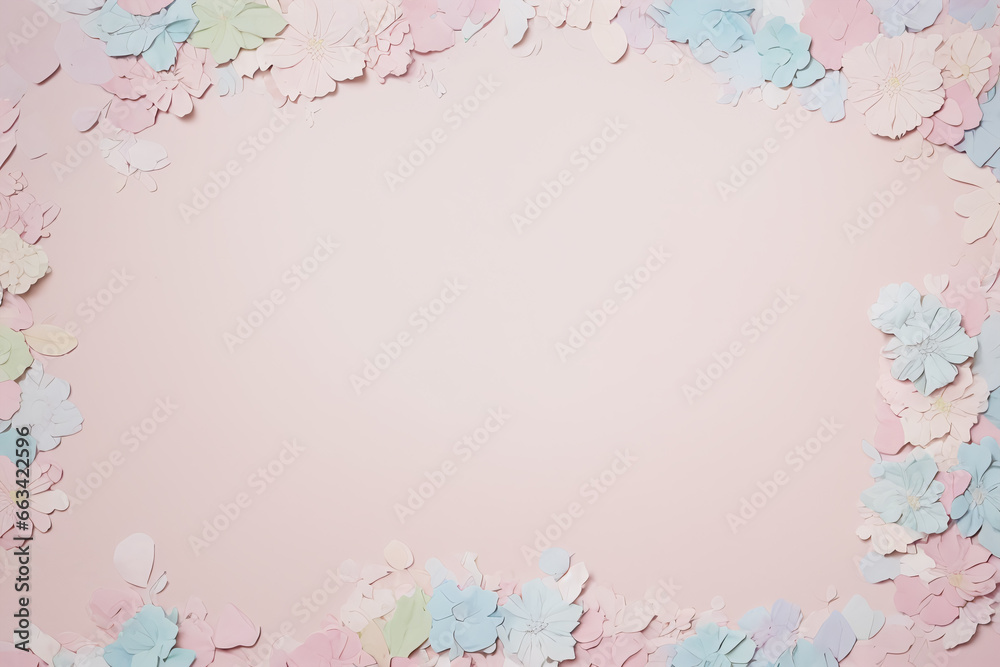 Frame of paper flowers on pink background with copy space. Flat lay.